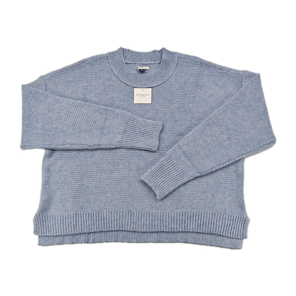 American Eagle Women's Knit Sweater Large Light Blue Ribbed Hems Side Slits Cozy